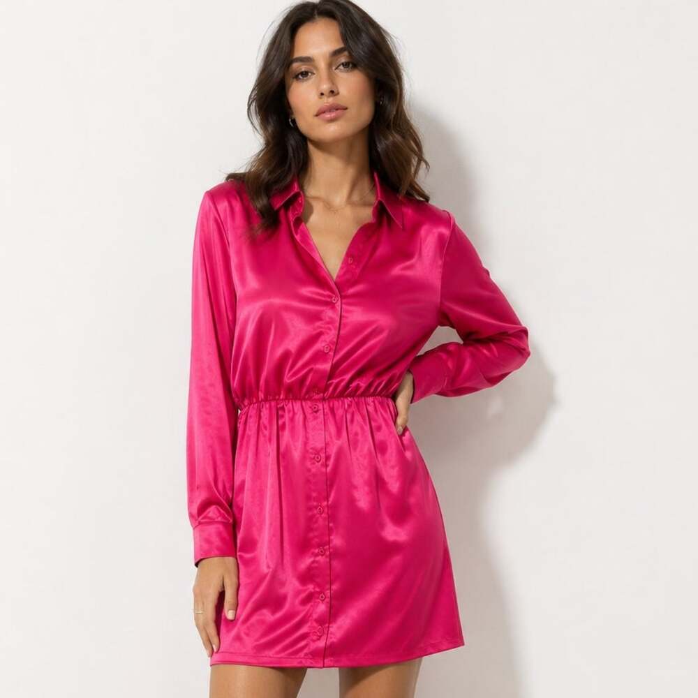 ASOS Design Hot Pink Satin Shoulder Pad Shirt Dress US 4 Mini Party Glam Y2K